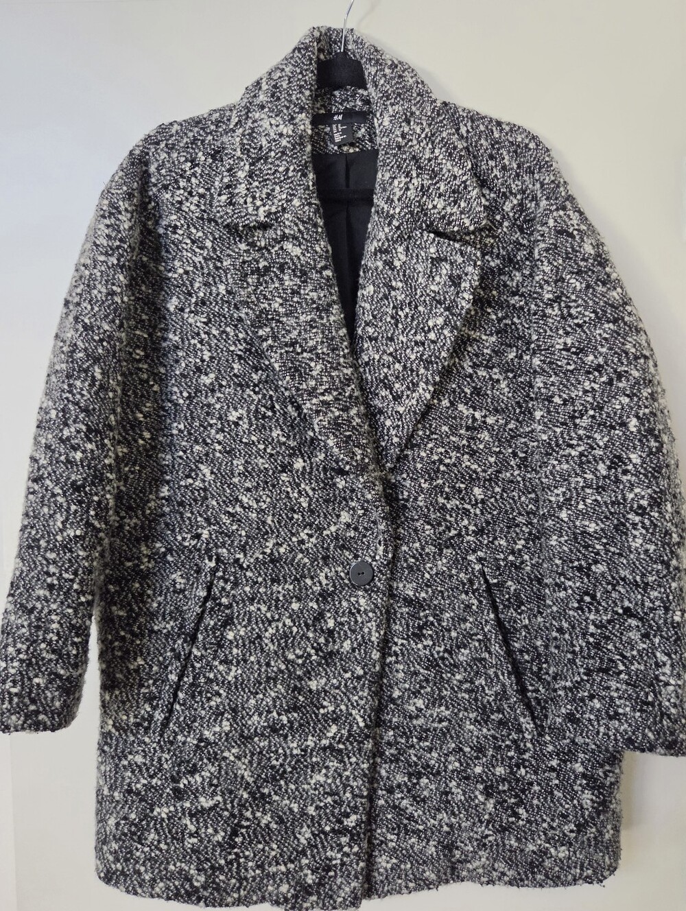 H&M Black & White Bouclé Oversized Coat - Single Button, Size 10